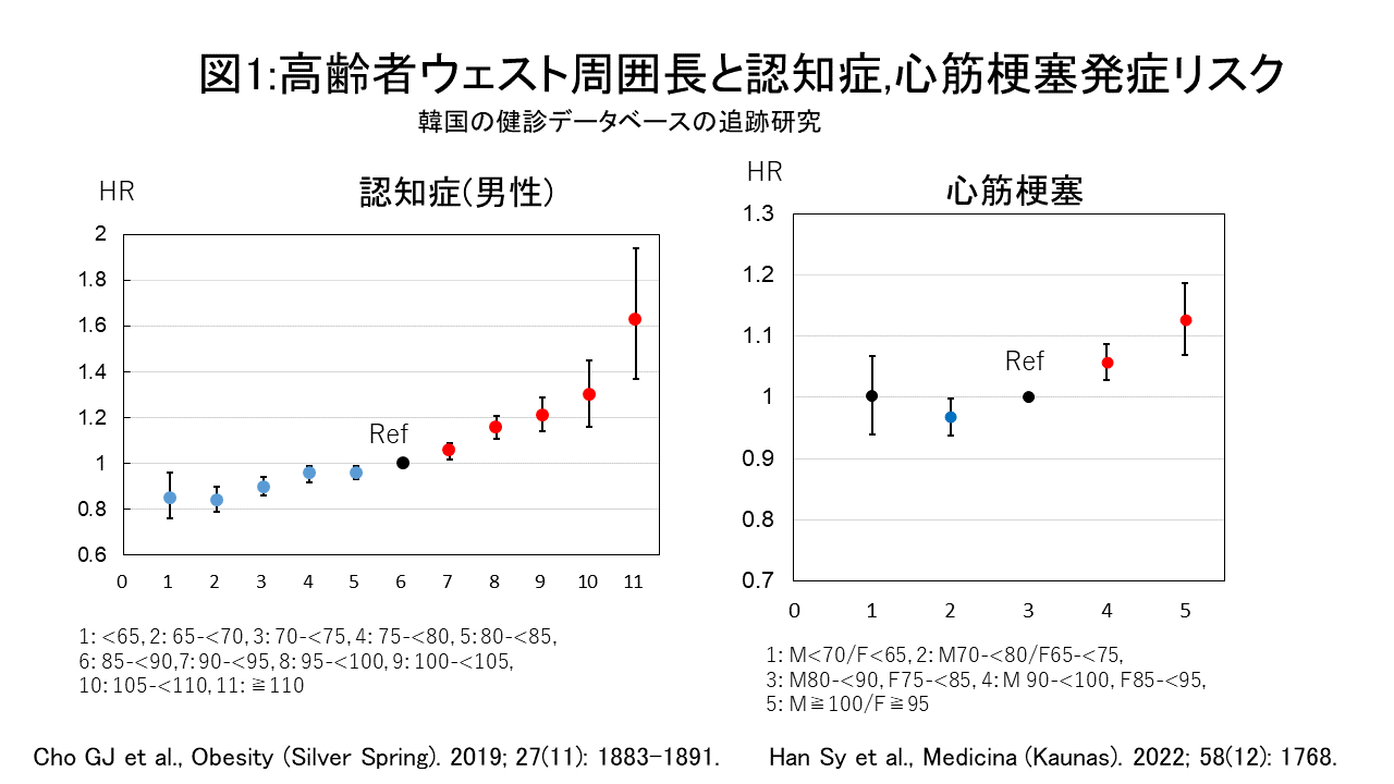 図1：高齢者ウェスト周囲長と認知症,心筋梗塞発症リスク